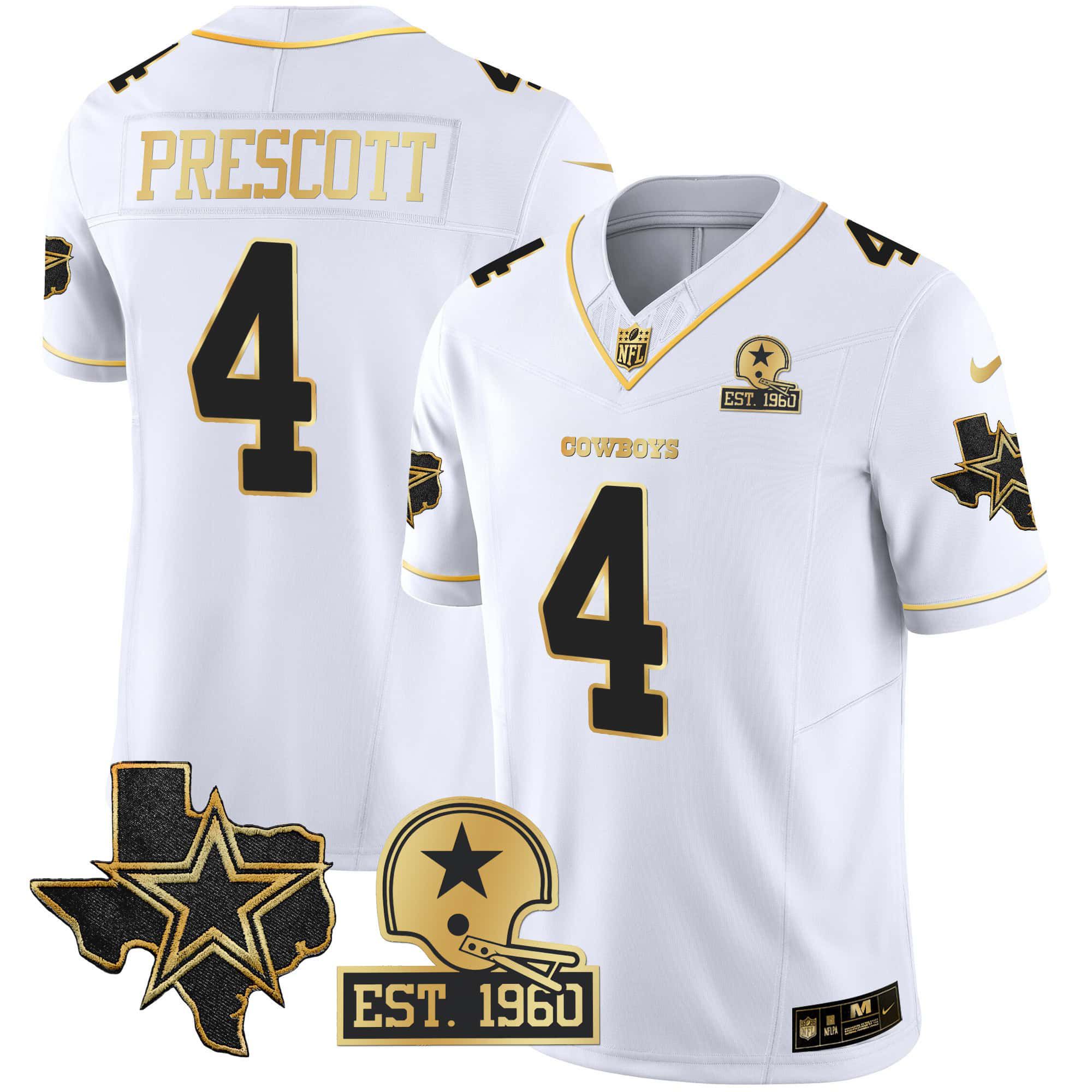 Men Dallas Cowboys #4 Prescott White Gold 2024 Nike Patch Vapor NFL Jersey
